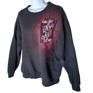 Reworked Queen of Clubs Hand-Dyed Stenciled Custom Crewneck Sweater L